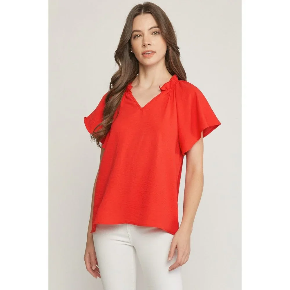 Entro Ruffled Flutter Sleeve Blouse, Tangerine - Picture 1 of 7